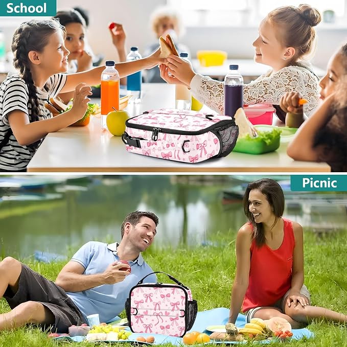 Kcldeci Cute Coquette Pink Ribbon Bow Lunch Box Kids, Large Insulated Lunch Bag for Girls, Cooler Lunchbag, Toddler Lunchbox, School Daycare Lunch Tote Pail for Boys