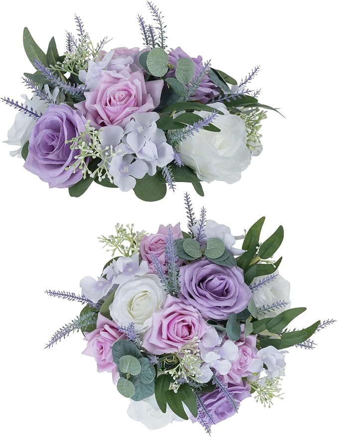BLOSMON Purple Flowers Artificial for Decoration: 2 Pieces 9.5 Inch Fake Flower Ball Centerpieces for Home Tables - Wedding Lilac White Rose Lavender Fake Silk Kissing Floral Arrangements