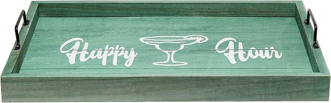 Elegant Designs HG2000-AHH Margarita Drinks Lime Bar Kitchen Wetbar Decorative Wood Serving Tray w/Handles, 15.50” x 12”, Aqua Wash Happy Hour