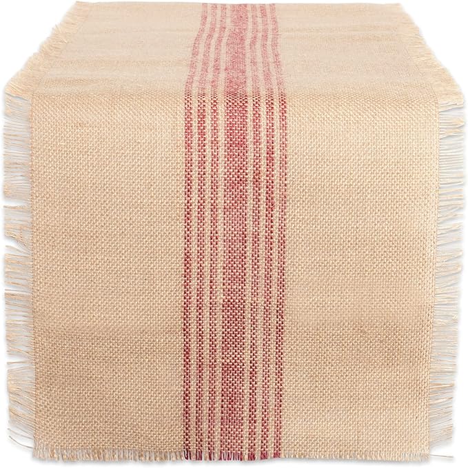 DII Jute Burlap Collection Kitchen Tabletop, Table Runner, 14x108, Middle Stripe Barn Red