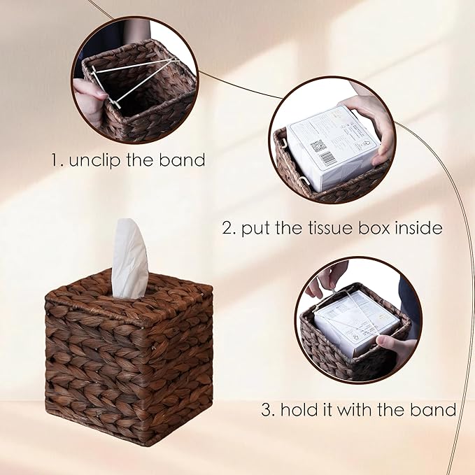 Water Hyacinth Handwoven Tissue Box Cover, Handcrafted Square Facial Tissue, Natural Handmade Wicker Napkin Box Holder, Rustic Decorative on Bathroom and Table, Office, Boho Decorative, Coffee