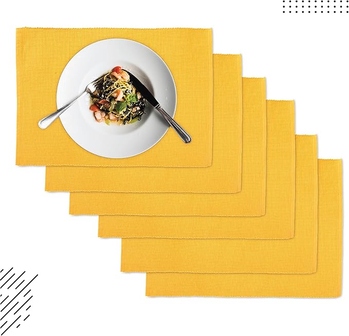 Encasa XO Dining Placemat Set of 6 | Yellow Color | Fine Ribbed Cotton Table mat | Size 19x13 in | Machine Washable