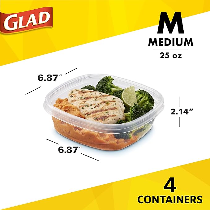 Glad GladWare Design Series Food Storage Containers with Lids, Medium Rectangle BPA Free Plastic for Meal Prep and Lunches, Tight Seal, Microwave and Dishwasher Safe, 24 Oz, 4 Count - 6 Pack