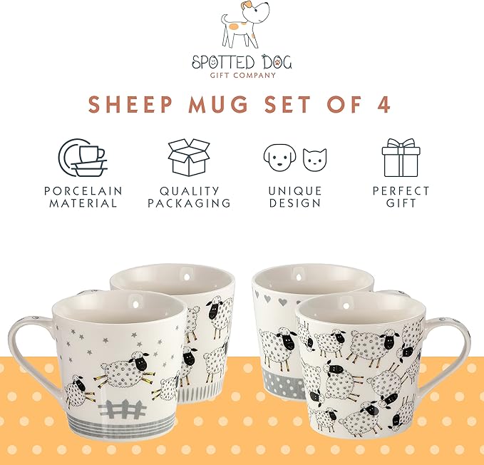 SPOTTED DOG GIFT COMPANY Animal Mugs, 13 oz Coffee Mug Set of 4, Ceramic Tea Cups with Black & White Sheep Designs, Microwave & Dishwasher Safe, Sheep Gifts for Women & Men