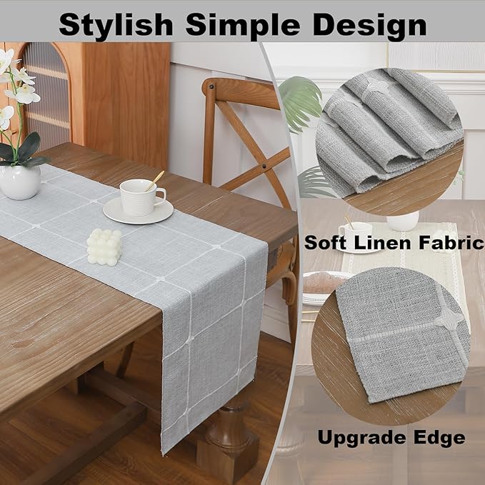Gernaice Boho Table Runner, Modern Plaid Cotton Linen Farmhouse Table Runners for Dresser End Coffee Table Home Decor, 24" L X 13" W Grey