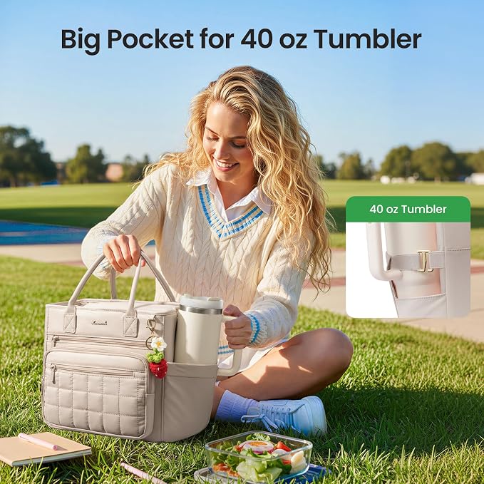 LOVEVOOK Insulated Lunch Bag Women,Puffer Adult Lunch Box for Women with Handmade Strawberry Charm,Wide Opening Leakproof Cooler Bag with Cup Holder for Work Picnic Beach Family College Mom Teacher