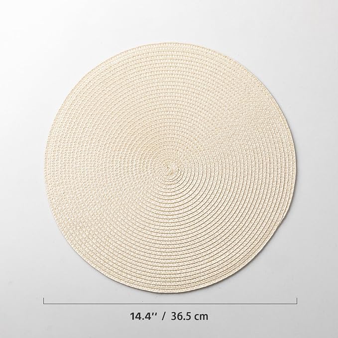 Baroyal Round Placemats Set of 4 Plastic Woven Placemats Washable Wipeable Table Mats for Dining Table Heat Resistant Non-Slip Circle Place Mats（Beige