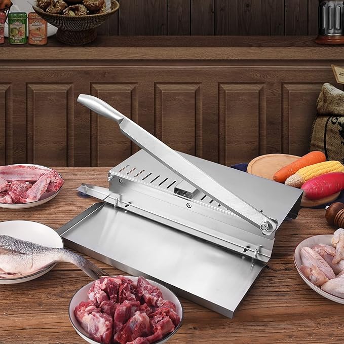 Meat Slicer Bone Cutter 20in，Manual Ribs Chopper for Chicken Fish or Beef，Stainless Steel Frozen Meat Slicer with Food Tray