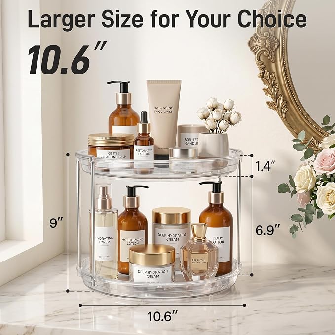 2 Pack 2 Tier Lazy Susan Organizer,10.6 inches Lazy Susan Turntable for Cabinet,Stackable Turntable Organizer Rotating Spice Rack Organization for Kitchen Countertop,Pantry,Bathroom,Clear