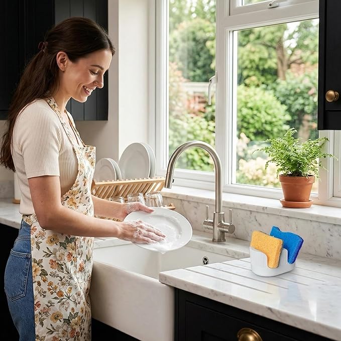 Diatomite Sponge Holder with 2 Slot Design – Quick Drying, Absorbent & Space-Saving Organizer for Kitchen Sponges, Scrubbers & Brushes – Keeps Sponges Dry and Countertop Clean, Bright White