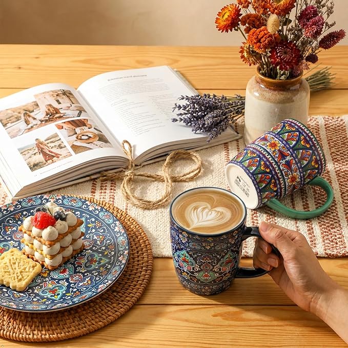 glowworm Coffee Mugs Set of 6, 16 oz Ceramic Coffee Mug with Handle, Large Coffee Cups for Latte, Cappuccino, Milk, Colorful Cup for Mom, Dishwasher & Microwave Safe, Bohemian
