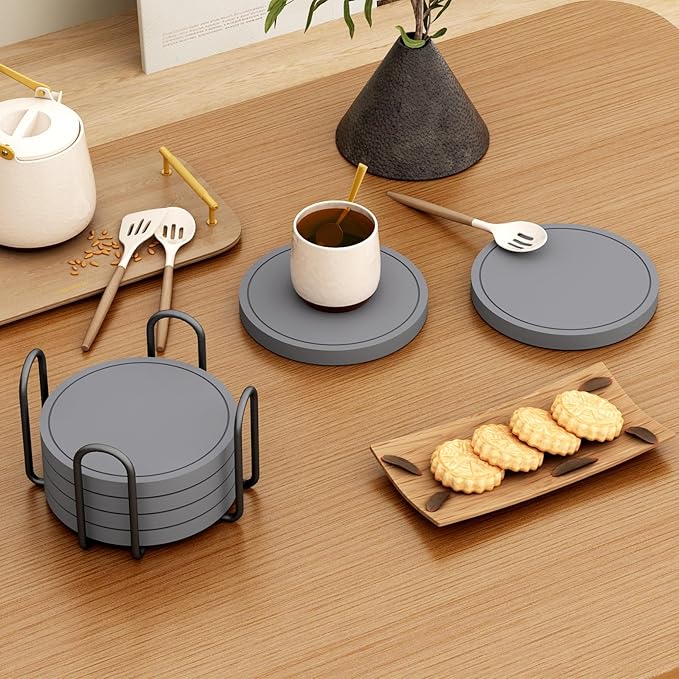 Azhou 6Pcs Super Absorbent Diatomaceous Earth Coasters Set with Holder - Quick-Dry 4 Inch Grey Coasters for Drinks, Heavy Duty Stone Coaster with Velvet Base, Scratch-Proof Home Decor for Coffee Bar