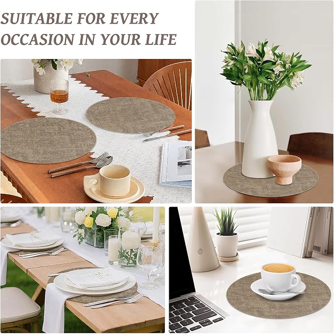 13" Round Placemats Set of 4, Reversible Faux Leather Heat Resistant Table Mats, Waterproof Oilproof Wipeable Table Protective Placemats for Vinyl, Washable for Indoor & Outdoor Use (4, Light Coffee)