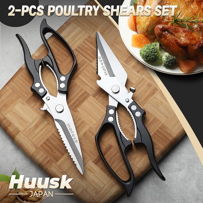 Huusk Heavy Duty Kitchen Shears Set – All Purpose Japanese Kitchen Scissors for Chicken, Meat, Fish, Vegetables & Pizza, Poultry Shears with Ergonomic Non-Slip Black Handle, Gifts for Women Men