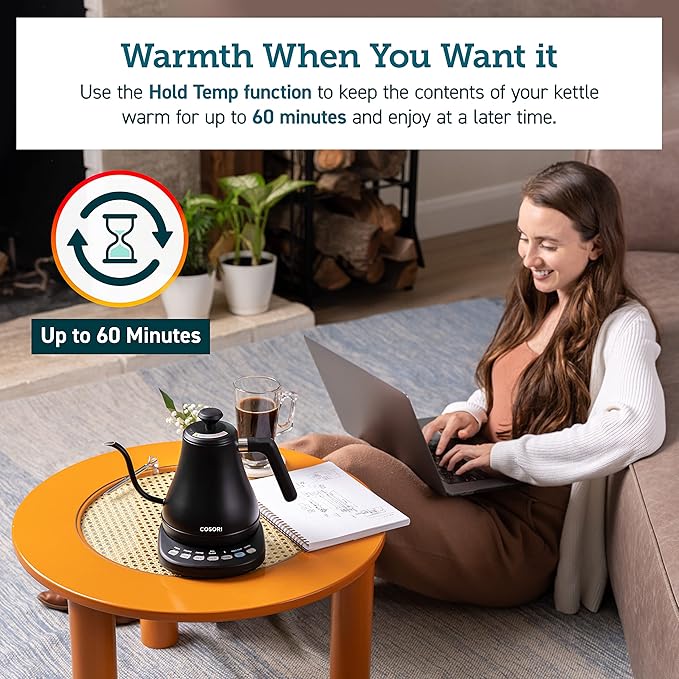 Cosori Electric Gooseneck Kettle Smart Bluetooth with Variable Temperature Control, Pour Over Coffee & Tea, 100% Stainless Steel Inner Lid & Bottom, Quick Heating, Matte Black