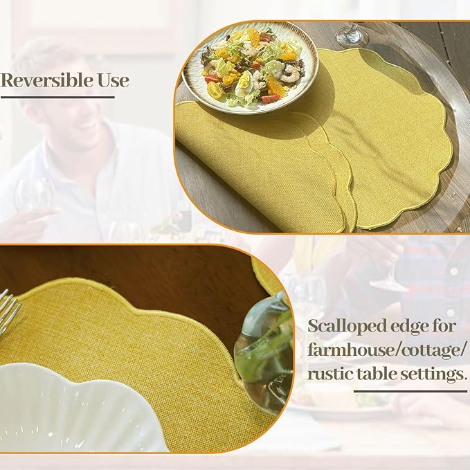 AHHFSMEI Round Faux Linen Placemats Set of 6 Heat Resistant Non-Slip Stain Proof Table Mats for Kitchen Dining Elegant Decor Place Mats (Yellow,6)