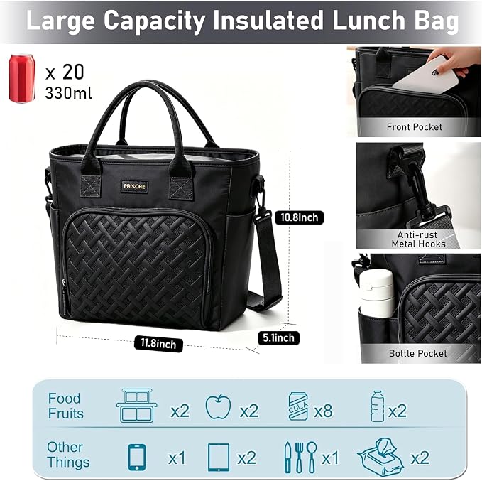 B1jounie YA Large Insulated Lunch Bag for Work, Women's Nylon Thermal Lunch Box, Leakproof Cooler Tote Bag with Storage Pocket