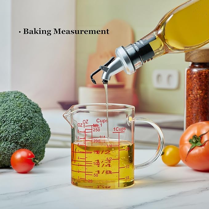 Ackers Mirror Graduated Glass Measuring Cup - [Insulated Handle | V-Shaped Spout] - High Borosilicate Glass Measuring Cup for Kitchen or Dining, Easy to Read, 250ml (8oz, 1 Cup)