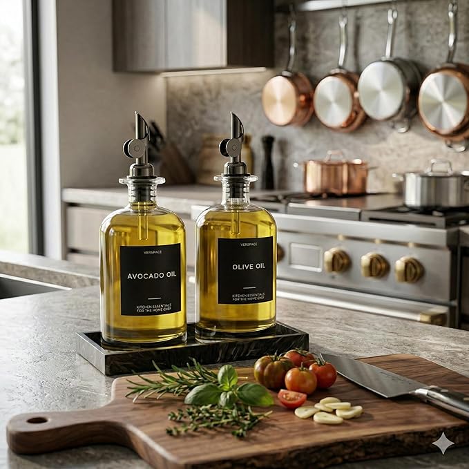 Verspace - Clear Glass Olive Oil Dispenser Bottles For Kitchen With Silicone Tray - 2 Pack - 17oz Includes 40 Labels, Soy Sauce Dispenser, Coffee Syrup Dispenser, Olive Oil Bottles
