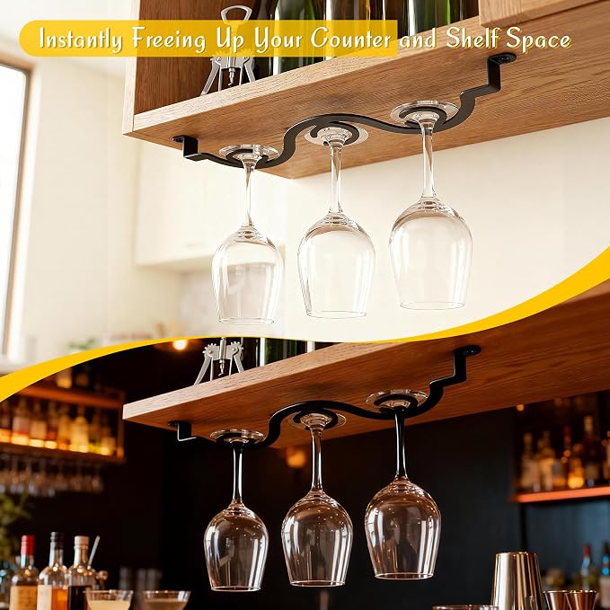 2-Pack Black Under Cabinet Wine Glass Rack – Space-Saving Stemware Holder for Kitchen & Bar, Fits Glasses with Body Diameter Under 4.1 Inches, 15.35 Inch Hanging Wine Glass Holder
