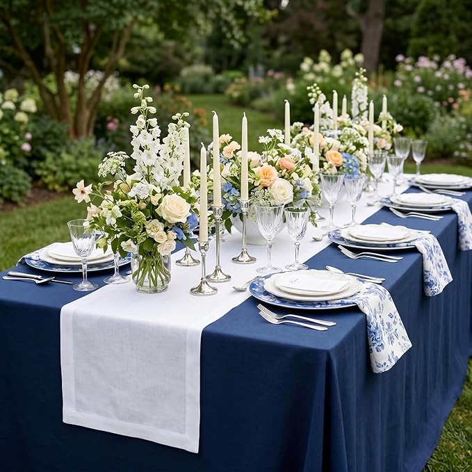 Solino Home Linen White Table Runner 156 Inches Long - 100% Pure Linen Extra Long Table Runner 14 x 156 Inch for Spring, Summer, 4th of July - Fete