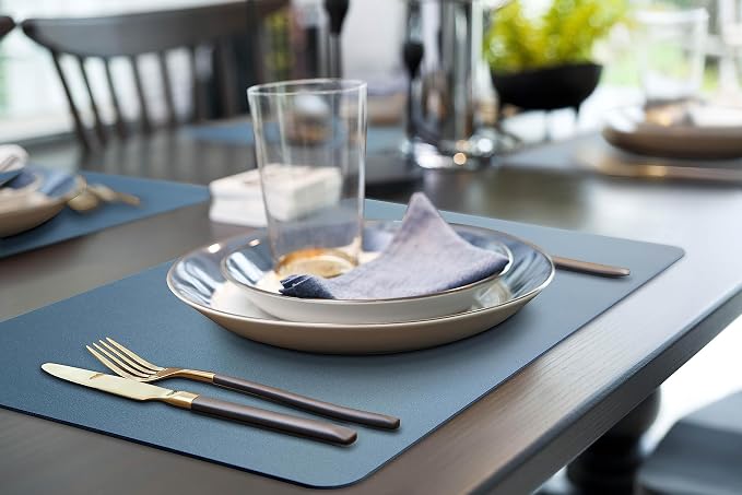 More Décor Faux Leather Placemats Set of 4 for Dining Table – Waterproof, Wipeable, Washable, Stain & Heat Resistant, Non-Slip Table Mats – 12 X 17 Inch, (Solid Blue, 4)