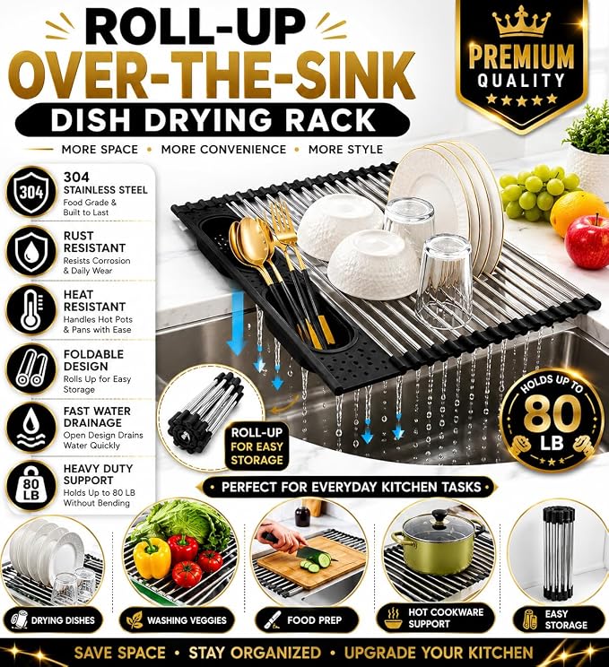 Roll Up Dish Drying Rack Over Sink, Stainless Steel, Black, 17.5"