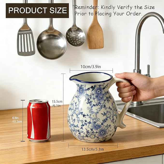 Ceramic Utensil Holder for Kitchen Counter, 6.1 Inch Modern Farmhouse Rustic Cooking Utensil Holder for Countertop Home Decor, Vintage Utensil Organizer Crock for Cooking & Spoon Tools (Blue & White)