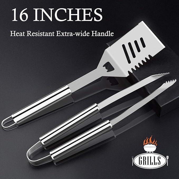 ROMANTICIST 26pcs Grilling Gifts for Men, Dad Gifts for Father's Day, Stainless Steel BBQ Grill Accessories Tools Set, Heavy Duty BBQ Utensils Kit with Apron, Thermometer, Mats in Aluminum Case Silver