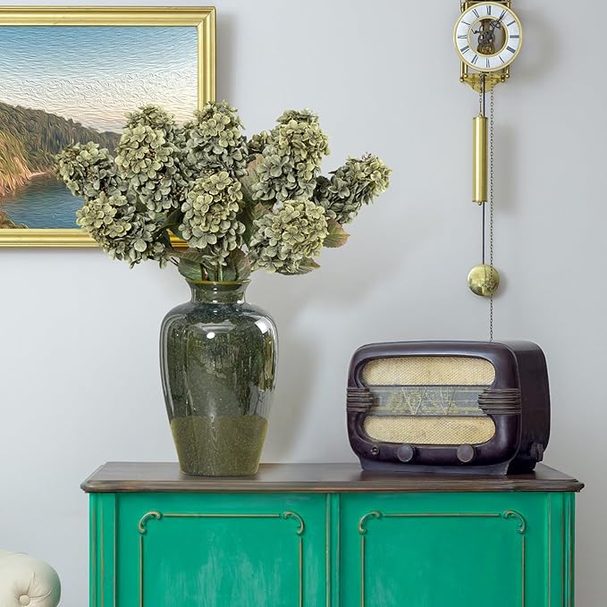 Ttranewsoo Green Hydrangea Artificial Flowers,Fake Fall Flowers Silk Hydrangea with Stems,Fall Faux DIY Floral for Table Vase,Hydrangeas Bouquet Indoor and Outdoor Decoration 24"（ Green） 8pcs No Vase