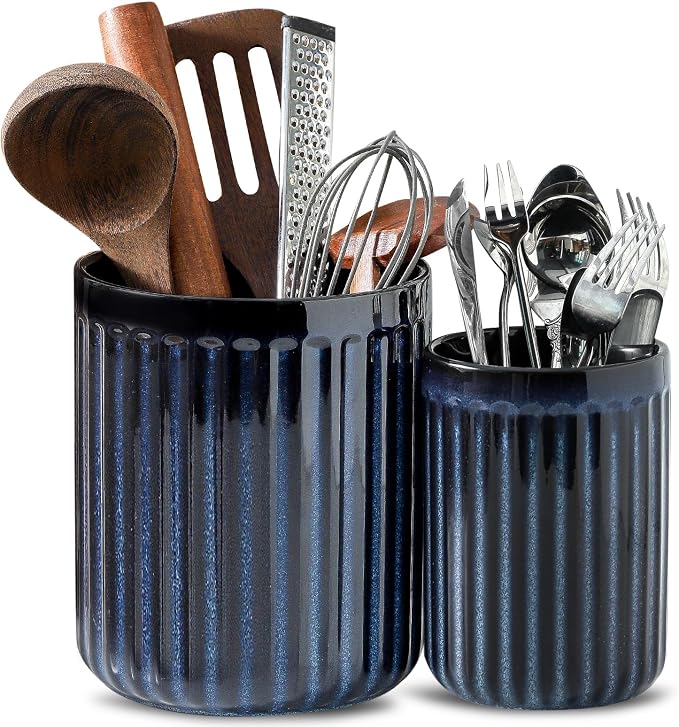 HASENSE Kitchen Utensil Holder,7.3" + 5.7" Cooking Utensil Holder for Kitchen Counter, Large Utensil Crock for Farmhouse Decor, Utensil Storage Organizer for Spatula, Set of 2, Navy Blue