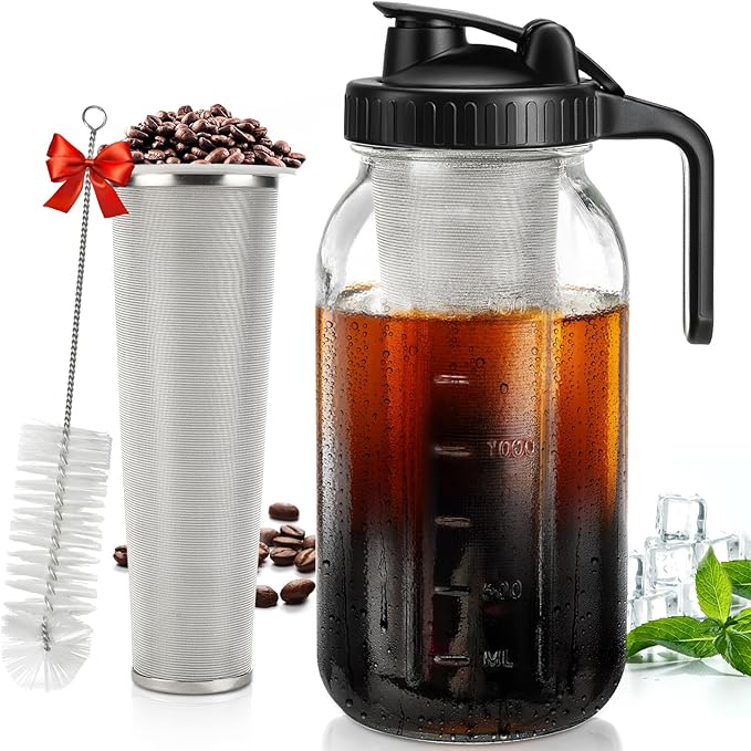 DWTS DANWEITESI Cold Brew Coffee Maker 64 oz,2-Quart Wide Mouth Cold Brew Maker with Stainless Steel Cold Brew Filter-Mason Jar Pitcher with Lid and Spout for Coffee,Iced Coffee Accessories(Black)