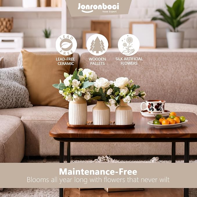 Set of 3 Artificial Flowers in Ceramic Vases with Wood Tray - Modern Minimalist Nordic Boho Farmhouse Dining Table Centerpiece Decor for Kitchen Island, Living Room Coffee Table,Tabletop(Beige White)