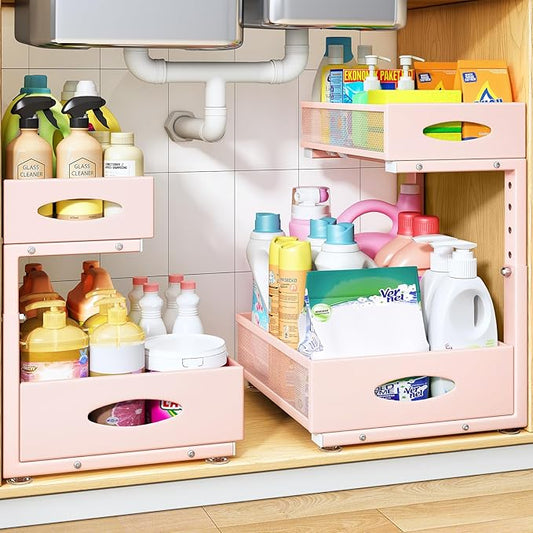 Under Sink Organizer, 2 Pack 2 Tier Pull Out Under Cabinet Organizer Shelf with Pad for Framed Cabinets, Metal Slide Out Under Sink Storage, Mesh Sliding Drawers for Kitchen Bathroom Laundry, Pink