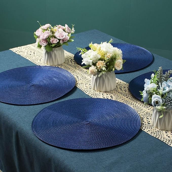 AHHFSMEI Round Placemats Set of 8 Heat Resistant Washable Non-Slip Woven Braided Table Mats for Dining Table Kitchen & Home Decor (Navy Blue,8)