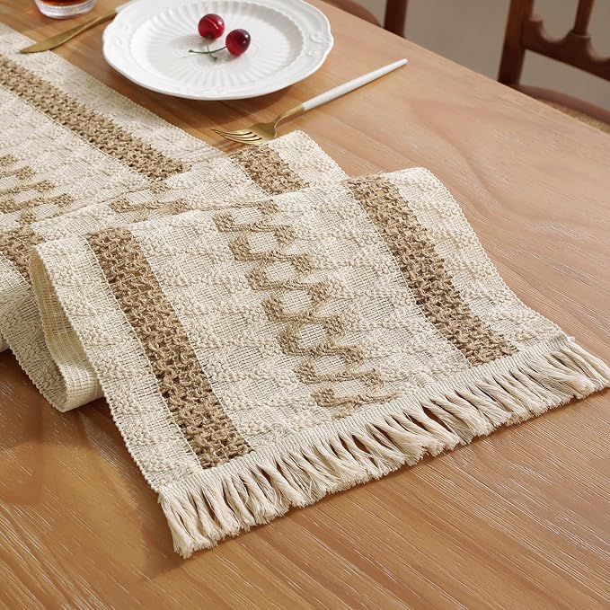 Niviy Boho Table Runner with Tassels 12 x 108 Inches Long, Cream & Brown Rustic Farmhouse Table Runner with Tassels for Home Kitchen Holiday Party and Wedding Decor Runner