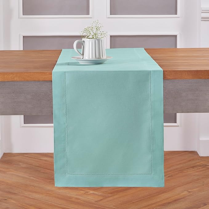 Solino Home Cotton Linen Table Runner 108 Inches Long - Hemstitch Pastel Turquoise Dining Table Runner 14 x 108 Inch for Spring, Summer