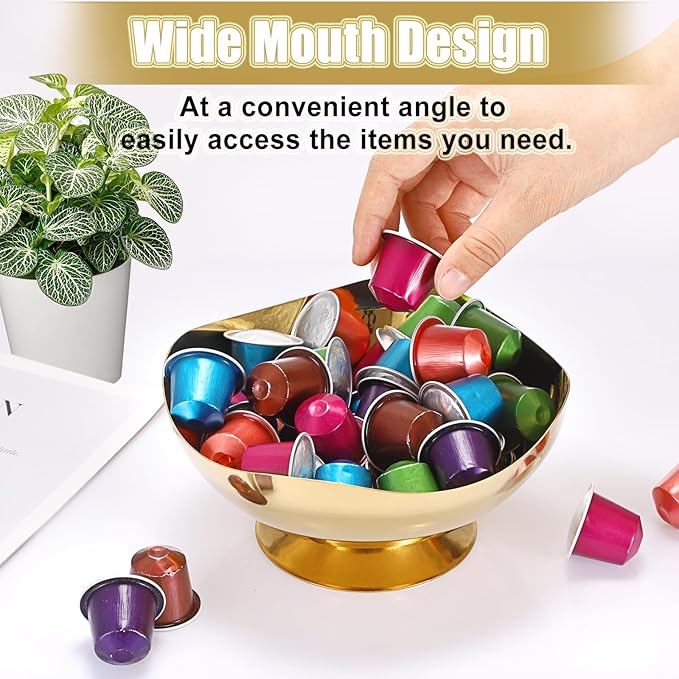 ELLDOO Coffee Pod Holder, 7.1inch Gold Metal Coffee Pod Storage for K Cup Nespresso Vertuo Keurig, Creamer Organizer Candy Bowl Fruit Snacks Jar for Countertop Kitchen Breakroom