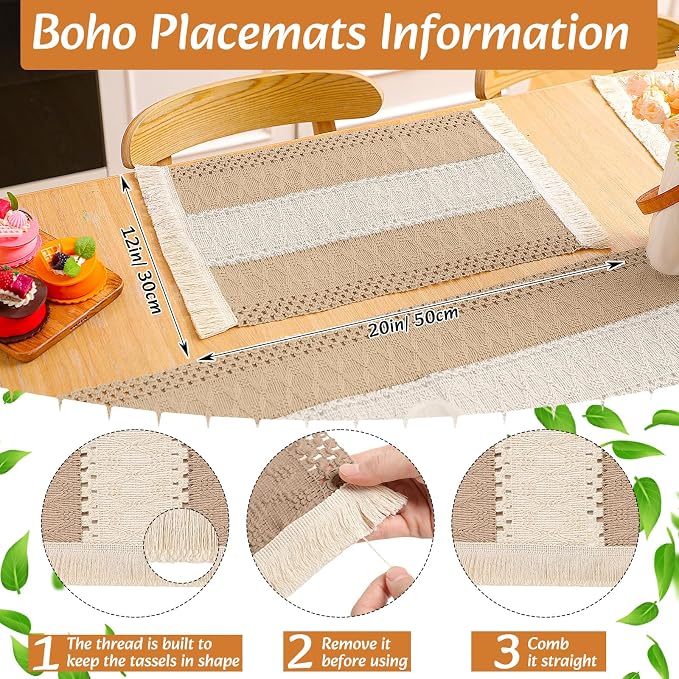 Boho Placemats 4/6/8 Set of Round Woven Placemat Macrame Style Bicolor Stitching Long Table Runner Farmhouse Rustic Natural Burlap Cotton for Kitchen Dining Table(6 Sets,Khaki B,12x72)
