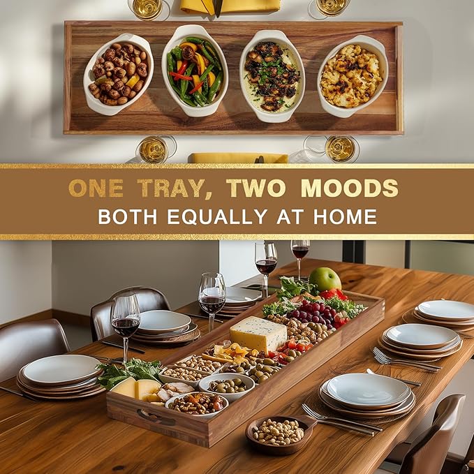 MAONAME Extra Large Acacia Wood Serving Board with Handles, 36 x 12 inches Wooden Ottoman Tray, Rectangular Charcuterie Platter for Meat, Cheese Board, Extra Long 3ft