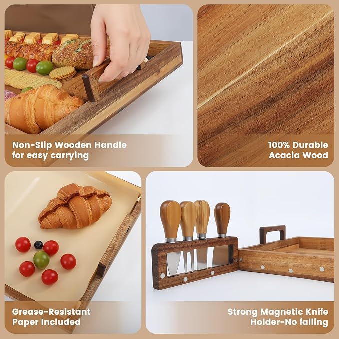 Large Charcuterie Boards with Cheese Knife Set,30 x 12 Inch Acacia Wood Serving Tray with Handles,Long Wooden Charcuterie Board with 30Pcs Wax Paper,Large Cheese Board Gift Set