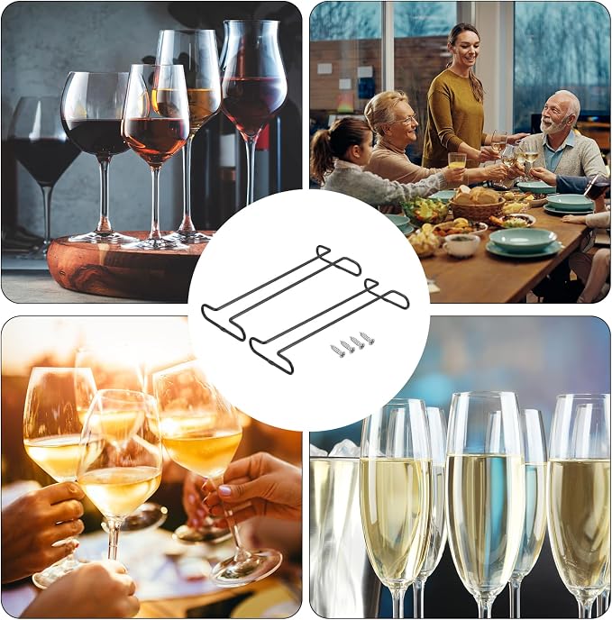 uxcell Wine Glass Rack Under Cabinet, 2Pcs 10-Inch Stemware Wine Glass Hanging Rack Stainless Steel Wine Glass Organizer Storage Hanger for 5mm Stemware Column, Black