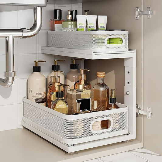 1 Pack 15IN-Depth Under Sink Organizer with Next-Gen Ball-Bearing Slides,2-Tier Precision Mesh Pull Out Cabinet Storage for Bathroom&Kitchen,Height Adjustable Drawers Shelf,Anti-Rust-White