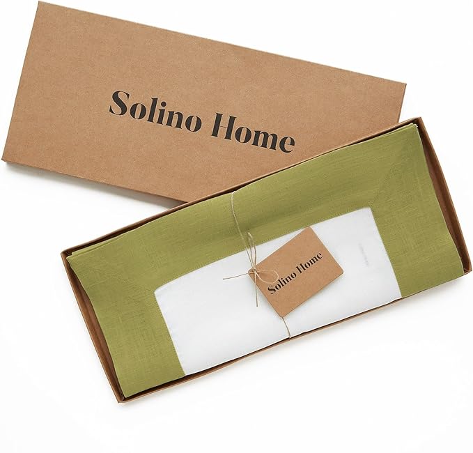 Solino Home 100% Pure Linen Table Runner 14x108 Inch – Avocado & White, Oeko-TEX Certified, Spring & Summer Table Runner for Dining Table, Handcrafted Farmhouse Décor - Contempo