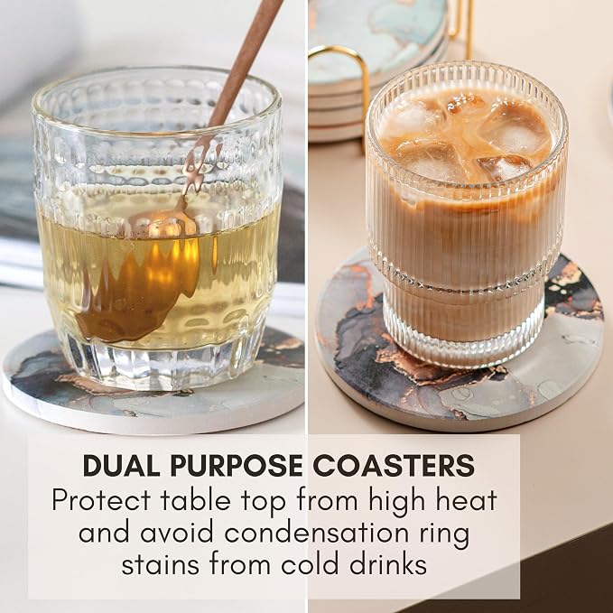 Colorful Ceramic Marble Coasters Set of 6, Cute Moisture Absorbing Coaster, Coffee Table Decor, Stone Absorbent Drink Coasters