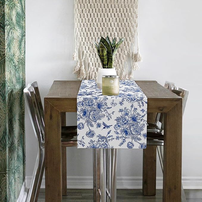 Snycler 13x108 Inch Table Runner Blue Monochrome Sketch Flower Birds Butterfly Table Cover Retro Floral Kitchen Dining Table Decoration for Indoor Outdoor Home Party Restaurant Supplies