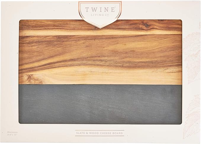 Twine Rustic Farmhouse Wood with Slate Cheese Board and Chalk Set, Acacia Wood and Natural Slate Cutting Board, Soapstone Chalk, 15" by 11", Gourmet Gift Set