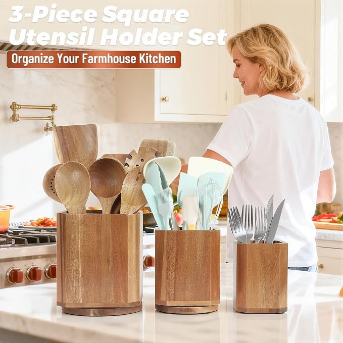 KINGSOW Wooden Utensil Holder Set: 3PCS Extra Large Acacia Wood Organizer with 360° Rotating Base for Kitchen Countertop - Farmhouse Storage Crock for Multi-Generation Family & Cooking Enthusiasts