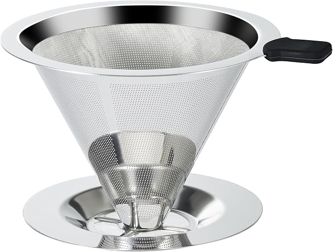 Pour Over Coffee Dripper Slow Drip Paperless Coffee Filter, Double Mesh Stainless Steel Pour Over Coffee Maker for Single Cup Brew Cone Filter, Integrated Cone Coffee Drip Fine Mesh Strainer(1-2 Cup)
