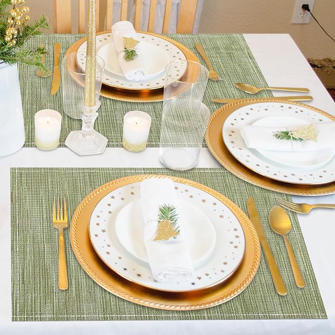 Niviy Green Placemats Set of 4, 12x18 Inch Washable Easy to Clean Heat-Resistant Anti-Skid Sage Green Placemats for Holiday Party Kitchen Dining Room Decoration